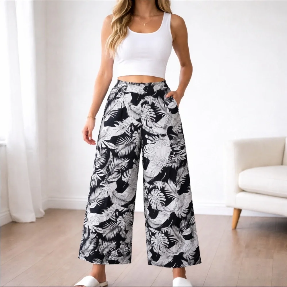 Christian Siriano Linen Tropical Wide Leg Pants black white floral 54287 - Picture 1 of 11